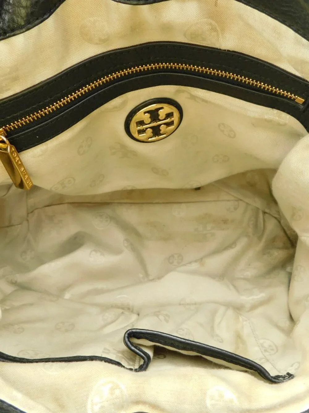Tory Burch Logo Black Pebble Grain Leather Tote Handbag